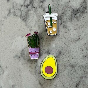 Set of 3 Enamel Pins - Avocado, Cactus, Iced Coffee